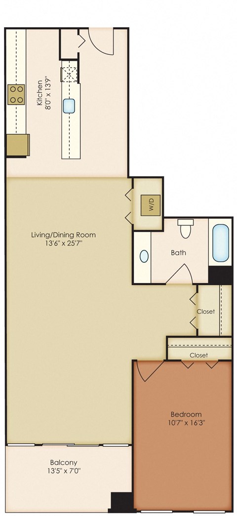Floor plan for 1 bed, 1 bath, 957 sqft